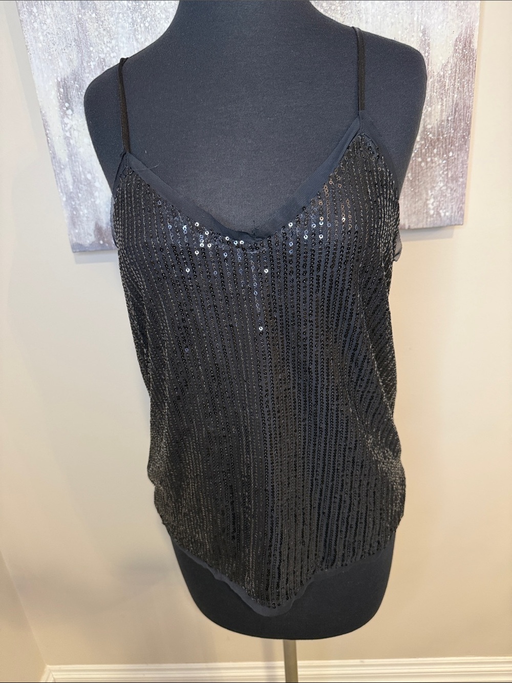 Black Sequin adjustable Spaghetti Strap Tank Top size Large